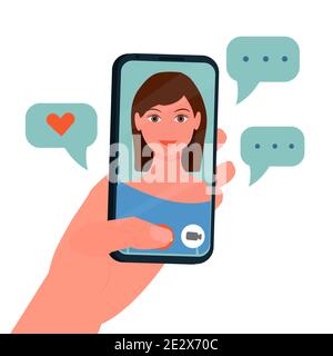 Tenere il telefono cellulare, videochiamare, conversare. Faccia della ragazza sullo schermo isolato su sfondo bianco stock illustrazione vettoriale. Relazioni sociali o Illustrazione Vettoriale