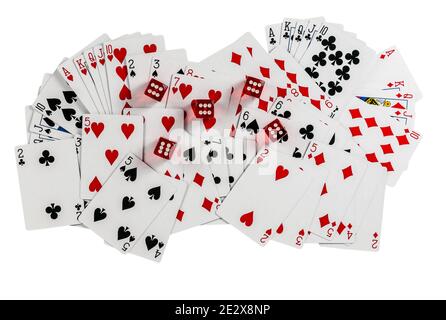 Giocare carte Poker dimensione isolata su sfondo bianco. Si adatta cuore Club Diamond Spade segno. Dadi Cube, Casino Giochi di carte giocare Foto Stock