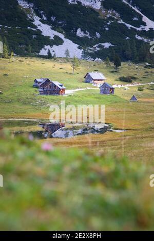 Capanne alpine sotto le alte vette. Tauplitz dintorni. Stagione autunnale. Foto Stock