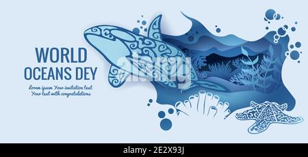 Text - giornata mondiale dell'oceano. Balena killer, stella marina. Modello per la realizzazione di una cartolina. Immagine vettoriale per il taglio laser e la stampa di plotter. Fauna con marina Illustrazione Vettoriale