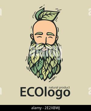 Logo eco-natura. Testa Hipster con barba in fiore con foglie. Illustrazione vettoriale disegnata a mano. Emblema uomo con bearded per prodotti ecologici. Illustrazione Vettoriale