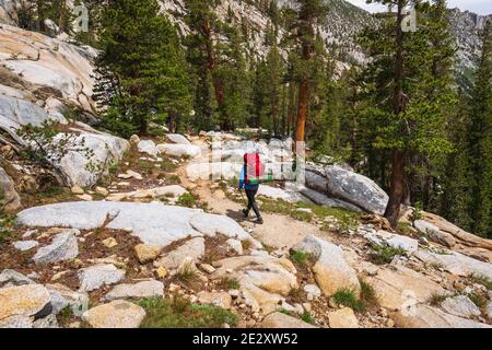 Backpacker sul sentiero Treasure Lakes, John Muir Wilderness, Sierra Nevada Mountains, California USA Foto Stock