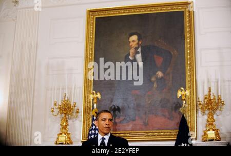 Il presidente degli Stati Uniti Barack Obama parla dalla Sala da pranzo di Stato a seguito di un incontro con l'esecutivo della BP alla Casa Bianca, Washington, DC, USA, 16 giugno 2010. Foto di Olivier Douliery/ABACAPRESS.COM Foto Stock