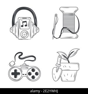 icone hobby set, ascoltare musica giardinaggio e cucire disegno stile schizzo illustrazione vettoriale Illustrazione Vettoriale