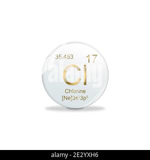 Illustrazione 3D, simbolo del cloro -cl. Elemento del tavolo periodico su pallina bianca con segni dorati. Sfondo bianco Foto Stock