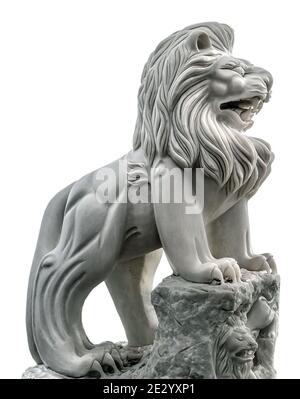 Decorazioni in marmo scultura leone grandi fangs isolati in bianco. Foto Stock