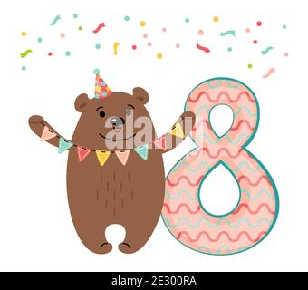 Saluto felice compleanno card, orso con garland mungendo e numero otto. Personaggio cartoon orsetto disegnato a mano in cappello. Congratulazioni bambino 8 ° compleanno. Divertente immagine vettoriale piatta isolato da animali Illustrazione Vettoriale
