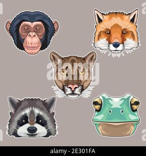 fascio di cinque animali teste caratteri icone disegno vettoriale illustrazione Illustrazione Vettoriale
