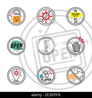 il pacchetto di nove etichette riapribili consente di impostare icone di stile a mezza linea Illustrazione Vettoriale
