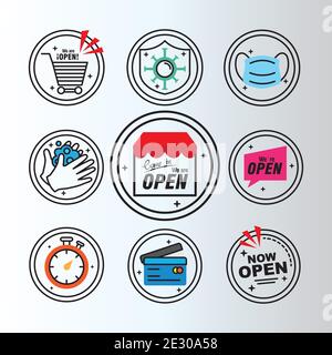 il pacchetto di nove etichette riapribili consente di impostare icone di stile a mezza linea su sfondo grigio Illustrazione Vettoriale