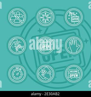 pacchetto di nove etichette riapribili imposta icone di stile della linea Illustrazione Vettoriale