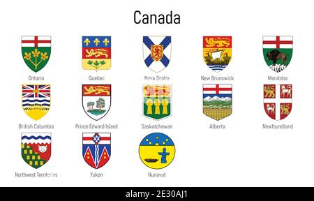 Stemma delle province del Canada, tutte le regioni canadesi emblema collezione Illustrazione Vettoriale