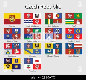 Set Bandiere delle province della Repubblica Ceca. Tutte le regioni ceche della bandiera Illustrazione Vettoriale