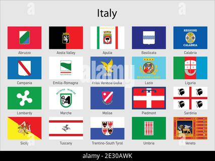 Set Bandiere degli stati d'Italia, tutte le regioni d'Italia raccolta bandiere Illustrazione Vettoriale