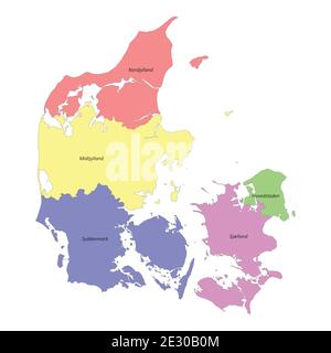 Mappa colorata di alta qualità della Danimarca con i suoi confini le regioni Illustrazione Vettoriale