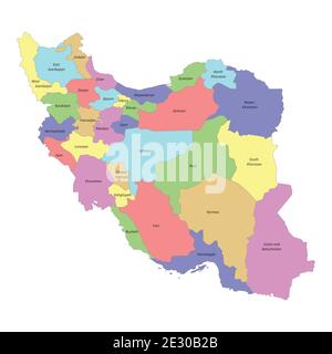 Mappa colorata di alta qualità dell'Iran con i suoi confini le regioni Illustrazione Vettoriale