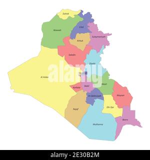 Mappa colorata di alta qualità dell'Iraq con i suoi confini le regioni Illustrazione Vettoriale