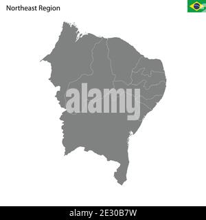 Mappa di alta qualità Regione nordorientale del Brasile, con confini degli stati Illustrazione Vettoriale