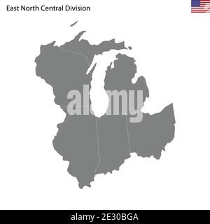 Mappa di alta qualità della divisione Centro Nord Est di United Stati d'America con frontiere degli stati Illustrazione Vettoriale