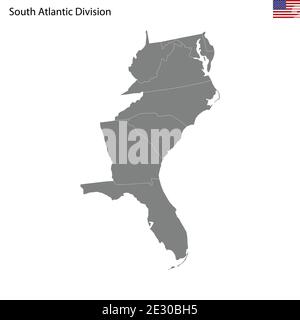 Mappa di alta qualità della divisione Sud Atlantico degli Stati Uniti Dell'America con i confini degli stati Illustrazione Vettoriale