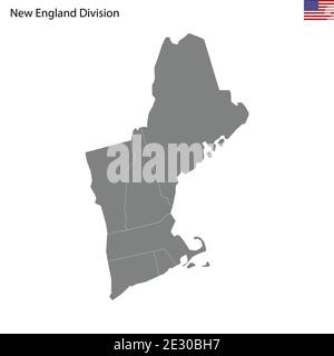 Mappa di alta qualità della divisione New England degli Stati Uniti Dell'America con i confini degli stati Illustrazione Vettoriale