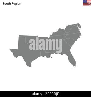 Mappa di alta qualità della regione meridionale degli Stati Uniti d'America con i confini degli stati uniti Illustrazione Vettoriale