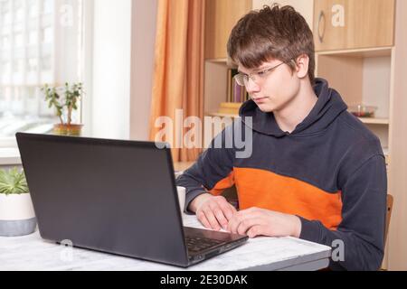 Studenti che imparano a casa utilizzando il laptop. Scuola domestica, formazione in linea, formazione domestica, concetto di quarantena - immagine Foto Stock