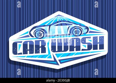 Logo Vector per Car Wash, cartello decorativo con illustrazione della vettura sportiva sotto la doccia ad acqua, insegna alla moda con carattere creativo per Illustrazione Vettoriale