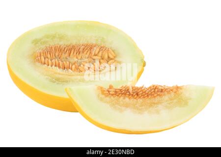 Melone melone a fette di frutta fresca frutta vegan estate isolato su sfondo bianco Foto Stock
