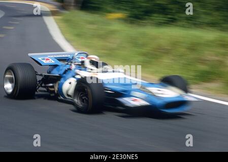 Jackie STEWART guida la Matra-Ford F1 a piena velocità durante il Gran Premio di Francia 1969, nel circuito di Charade vicino Clermont-Ferrand. Foto Stock