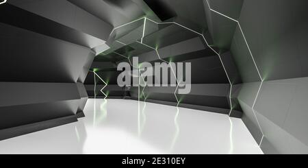 futuristico tunnel in stile fantascientifico interni con scuro le pareti e il pavimento riflettente bianco in 3d ne fanno un'illustrazione Foto Stock