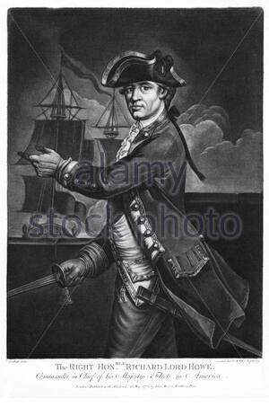 Center Richard Howe, primo conte Howe, 1726 – 1799, è stato un ufficiale navale britannico, illustratore d'epoca del 1778 Foto Stock