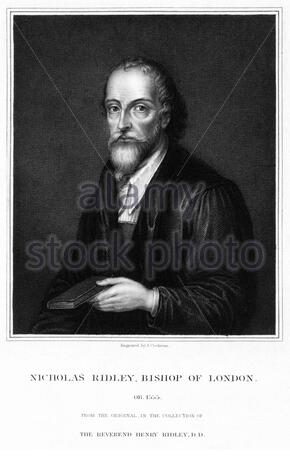 Nicholas Ridley Portrait, 1500 – Londra, 1555 anni, è stato un vescovo inglese. Ridley fu incendiato sul palo come uno dei martiri di Oxford durante le persecuzioni mariane per i suoi insegnamenti e il suo supporto di Lady Jane Grey, incisione d'epoca dal 1831 Foto Stock