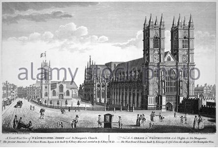 Vista nord-ovest dell'abbazia di Westminster e della chiesa di St Margarets, incisione d'epoca del 1780 Foto Stock