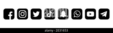 Icone dei social media: Faceboock, Instagram, Twitter, TikTok, Snapchat, Viber, Telegram, YouTube. Illustrazione Vettoriale