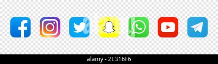 Icone dei social media: Faceboock, Instagram, Twitter, Snapchat, Viber, Telegram, YouTube Illustrazione Vettoriale