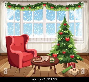 Vector interno del soggiorno natalizio con abeti, poltroncine e nevicate fuori dalla finestra. Illustrazione Vettoriale