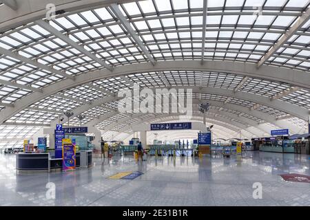 Pechino, Cina - 1 ottobre 2019: Stazione ferroviaria Express presso l'aeroporto di Pechino capitale (PEK) in Cina. Foto Stock