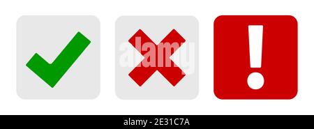 Insieme di pulsanti con il segno di spunta, il punto esclamativo e le icone con il segno X isolati su sfondo bianco. Illustrazione Foto Stock