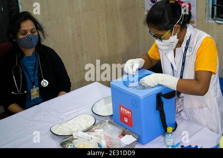 Kolkata, Bengala Occidentale, India. 16 gennaio 2021. Un operatore sanitario sta togliendo il vaccino dalla scatola. La prima fase di vaccinazione inizia in India da oggi, 16 gennaio 2021. Attualmente esistono due tipi di vaccini approvati dal governo indiano. L'altro è Covaxin sviluppato da Bharat Biotech in collaborazione con il Consiglio indiano di Ricerca medica (ICMR). Credit: ZUMA Press, Inc./Alamy Live News Foto Stock