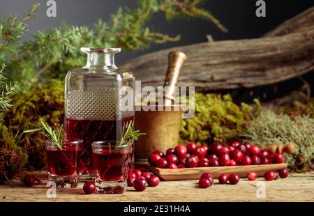 Mirtilli rossi e liquori di mirtilli su un vecchio tavolo di legno. Nello sfondo muschio, ramo di ginepro, e vecchio snag. Foto Stock