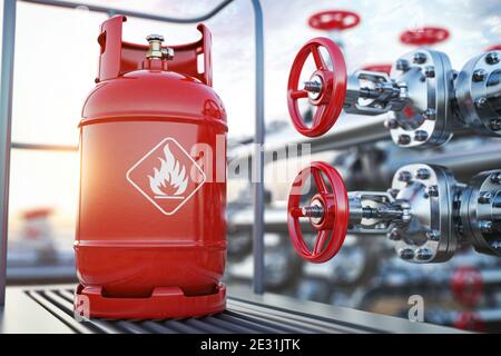 Produzione, consegna e riempimento con gas naturale di bombola o serbatoio di gpl. illustrazione 3d Foto Stock