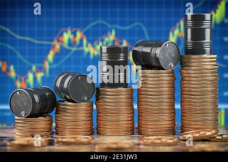 Barili di petrolio su pila di monete d'oro. Crescita aumento dei prezzi delle scorte petrolifere. illustrazione 3d Foto Stock