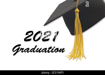 classe di graduazione 2021. Classe di 2021 anni con tappo e passetta. Concetto educativo, isolato su bianco, illustrazione 3D Foto Stock