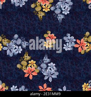 fiore in tessuto con disegno di stampa digitale senza cuciture blu navy Foto Stock