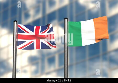Rendering 3d di una bandiera di Gran Bretagna e Irlanda, di fronte a uno sfondo sfocato, con un palo in acciaio Foto Stock