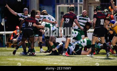 Castle Bar, West Ealing, Regno Unito. 16 gennaio 2021. Alun WALKER (2) di Ealing Trailfinders segna il suo secondo tentativo durante la partita di Trailfinders Challenge Cup tra Ealing Trailfinders e Saracens a Castle Bar, West Ealing, Inghilterra, il 16 gennaio 2021. Photo by David Horn/prime Media Images Credit: Prime Media Images/Alamy Live News Foto Stock