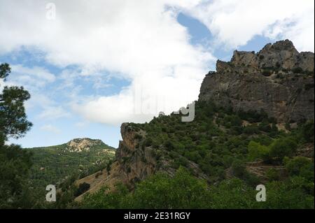 Vista della sorgente del fiume Borosa nel Parco Naturale delle Sierras de Cazorla, Segura e las Villas, Andalusia, Spagna. Percorso in una giornata di sole Foto Stock