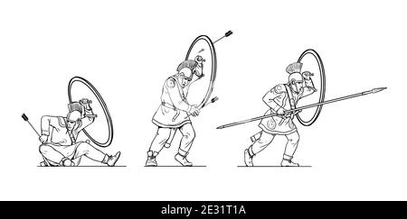Soldati romani tardi durante la battaglia. Attacco dell'esercito romano. Set di 3 guerrieri. Disegno di contorno. Foto Stock