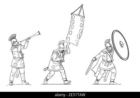 Soldati romani tardi durante la battaglia. Attacco dell'esercito romano. Set di 3 guerrieri. Disegno di contorno. Foto Stock